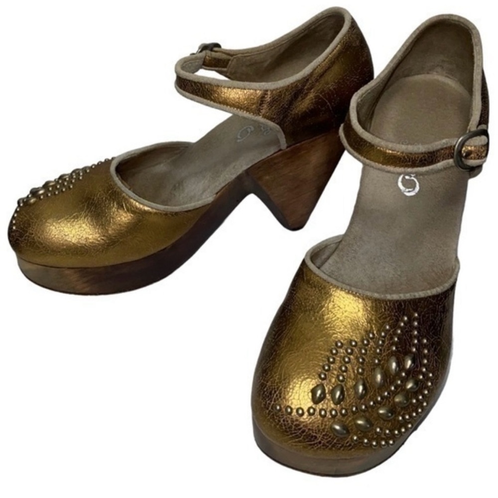 Calleen Cordero Women’s Size 9 Gold Metallic Studded Maryjane Wooden Clogs